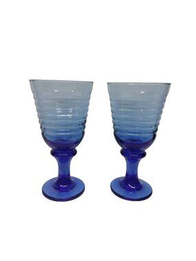 2 Libbey Glasses Sirrus Cobalt Blue Water Goblet Vtg Horizontal Ring 7.25"